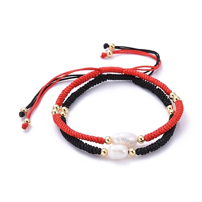 Adjustable Nylon Threads Braided Bead Bracelets Sets, with Natural Cultured Freshwater Pearl and Golden Plated Round Brass Beads