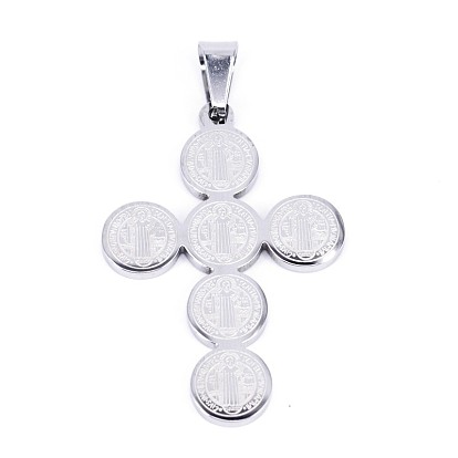 304 Stainless Steel Saint Benedict Medal Cross Pendants, 43x30x2mm, Hole: 5x9mm