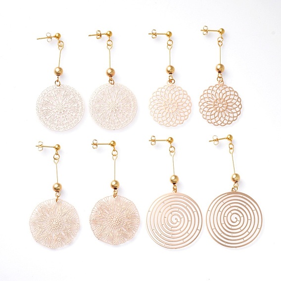 Stud Earrings, with Brass Findings and 304 Stainless Steel Stud Earring Findings, with Ear Nuts, Flat Round & Flower