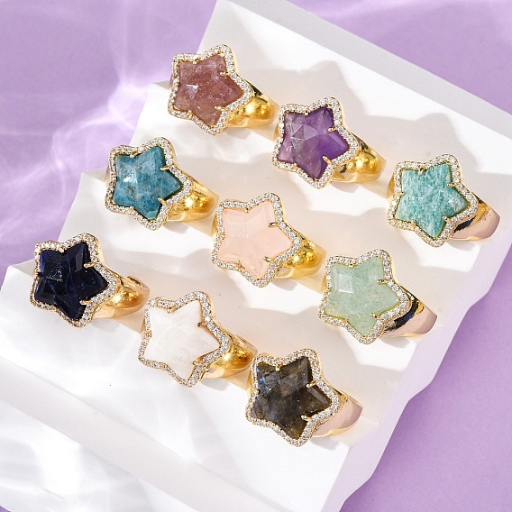 Кольца-манжеты из натурального драгоценного камня с кубическим цирконием, латунные регулируемые кольца для женщин