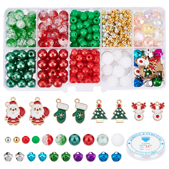 DIY Christmas Bracelet for Kid Making Kits, Including Imitation Pearl Acrylic & Plastic Beads, Iron Bell Charms, Christmas Reindeer & Glove & Tree & Santa Claus Alloy Enamel Pendants