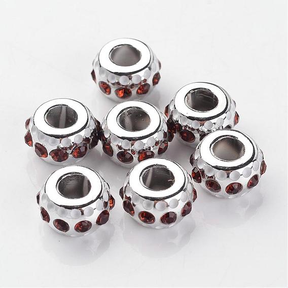 Rondelle Platinum Core CCB Plastic Glass Rhinestone Large Hole European Beads, 14x8mm, Hole: 5mm