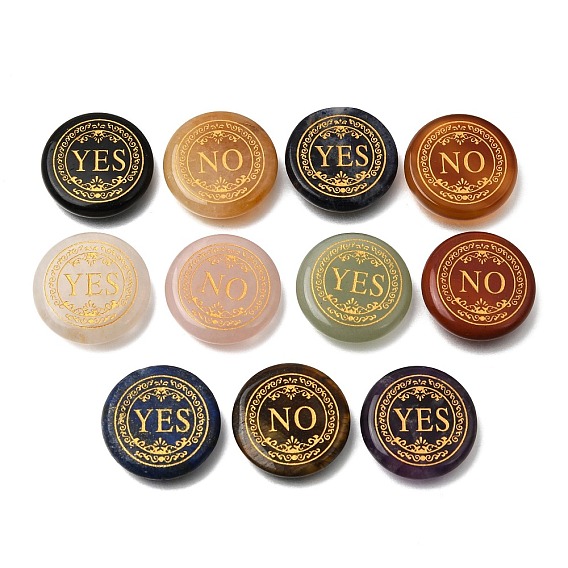 Engraved Natural Gemstone Decision Stones, Fortune Telling Stones, Flat Round with Yes & No Pattern