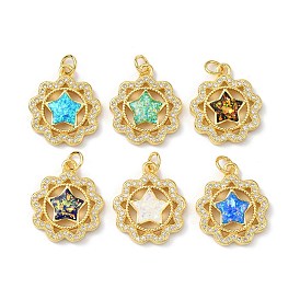 Brass Micro Pave Cubic Zirconia Pendants, with Synthetic Opal and Jump Ring, Flower with Star