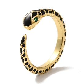 Rack Plating Snake Brass Micro Pave Cubic Zirconia Cuff Ring, with Enamel, Cadmium Free & Lead Free, Long-Lasting Plated