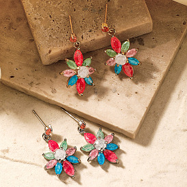 Romantic and Elegant Colorful Flower Brass Stud Earrings for Women, with Rhinestone