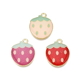 Light Gold Plated Alloy Enamel Pendants, Cadmium Free & Lead Free, with Glitter Powder, Strawberry Charms