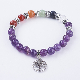 Natural Amethyst Stretch Bracelets, with Mixed Stone, Alloy Findings and Brass Pendants, Flat Round with Tree of Life