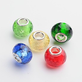 128 Faceted Glass European Large Hole Beads, with 925 Sterling Silver Core, Rondelle, 13x9.5mm, Hole: 4.5mm