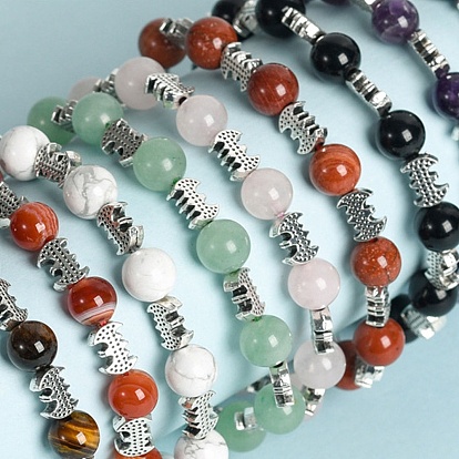 Christmas Theme Natural Gemstone Stretch Bracelets, Halloween Alloy Bat Bracelets for Women Men