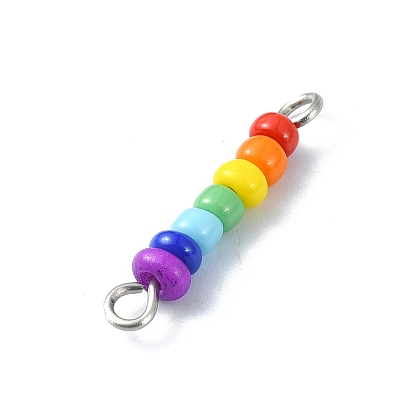 Chakra Glass Seed Beaded Connector Charms, Colorful Rondelle Glass Links with 304 Stainless Steel Double Loops