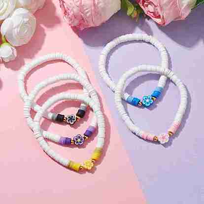Flower Handmade Polymer Clay Stretch Bracelets, with Alloy Beads, Jewely for Women