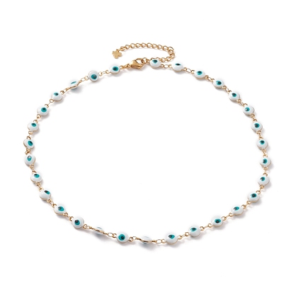 304 Stainless Steel Link Chain Necklaces, with Enamel and Lobster Claw Clasps, Evil Eye, White