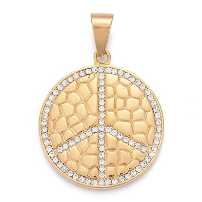304 Stainless Steel Pendants, with Crystal Rhinestone, Textured, Peace Sign
