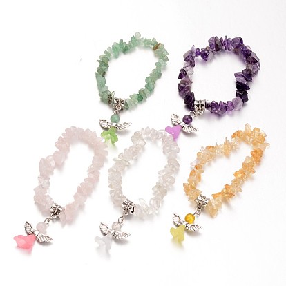 Natural Gemstone Kids Bracelets, with Acrylic Bead and Antique Silver Alloy Findings, Lovely Wedding Dress Angel Dangle, 39mm
