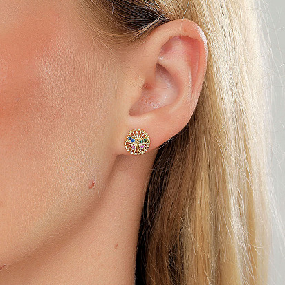 Элегантные латунные плоские круглые серьги-гвоздики в форме бабочки, с красочным кубическим цирконием