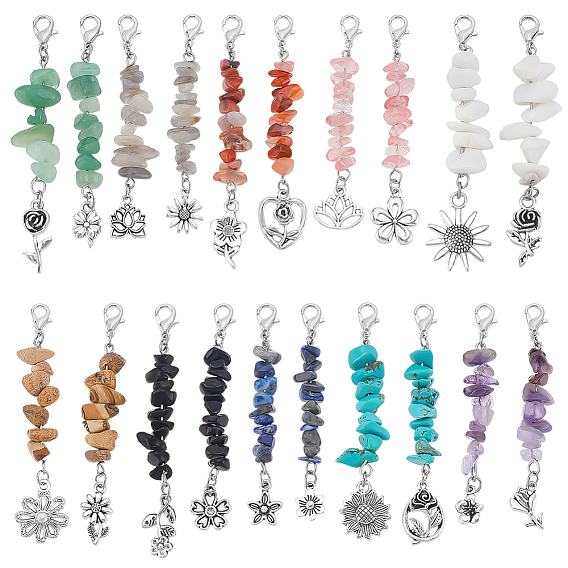 20шт. подвеска с натуральными и синтетическими драгоценными камнями, с подвесками в виде цветка из сплава и карабинами