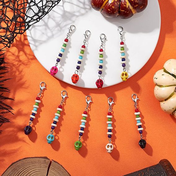 Подвески-черепа из окрашенной синтетической бирюзы на Хэллоуин, Сплав с застежками когтя омара, платина