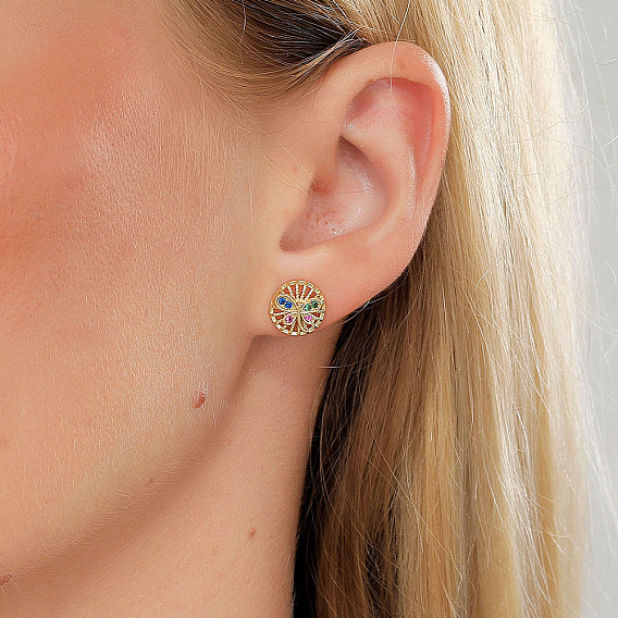 Элегантные латунные плоские круглые серьги-гвоздики в форме бабочки, с красочным кубическим цирконием