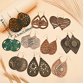 Wood Dangle Earrings for Women, Teardrop/Heart/Round