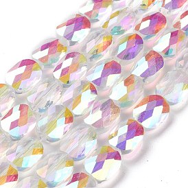 Faceted Electroplated Transparent Glass Beads Strands, Half Rainbow Plated, Oval