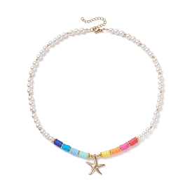Starfish Pendant Necklace, Shell Pearl Beads Necklace, Polymer Clay Heishi Beads Necklace for Women