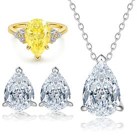 Sparkling Waterdrop CZ Jewelry Set - Silver Ring, Earrings & Necklace Trio in Gold and Platinum