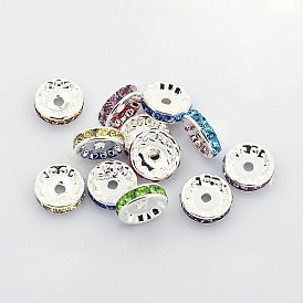 Séparateurs perles en verre avec strass en laiton, grade de aaa, bride droite, sans nickel, couleur argent plaqué, rondelle, 12x4mm, Trou: 2.5mm