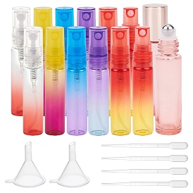 Наборы многоразовых бутылок, с градиентными цветными стеклянными флаконами с распылителем и роликовыми флаконами с эфирным маслом, прозрачная пластиковая воронка и одноразовая пипетка 2 мл