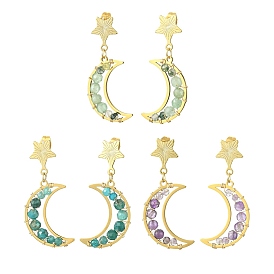 3 Pair 3 Style Natural Mixed Gemsotne Beaded Moon & Star Dangle Stud Earrings, Golden Brass Drop Earrings