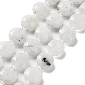 Brins de perles de pierre de lune arc-en-ciel naturel, avec des perles de rocaille, coupe hexagonale facettée, plat rond