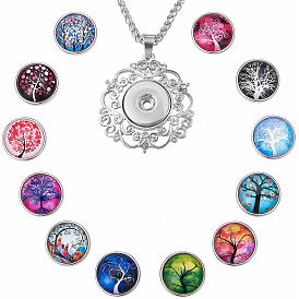 SUNNYCLUE DIY Necklace Making, with 304 Stainless Steel Chain Necklaces, Zinc Alloy Rhinestone Snap Pendant Making and Brass Glass Snap Buttons, Flat Round with Tree