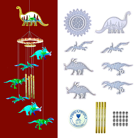 Kit de fabrication de carillons éoliens sur le thème des dinosaures, y compris pendentif en silicone et moule à maillons, fil élastique, perle, tube de couleur aléatoire