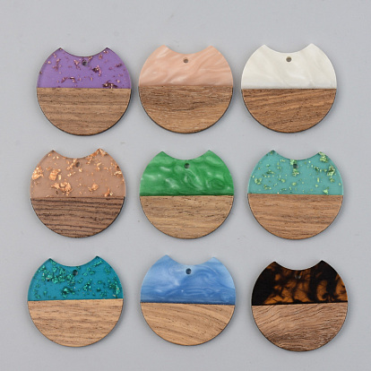 Resin & Walnut Wood Pendants, Gap Flat Round, Mixed Color