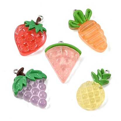 Transparent Resin Imitation Fruit & Vegetable Pendants, Fruit Charms, with Platinum Iron Loop & Glitter Powder