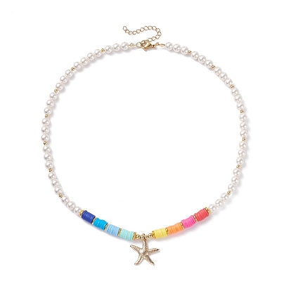 Starfish Pendant Necklace, Shell Pearl Beads Necklace, Polymer Clay Heishi Beads Necklace for Women