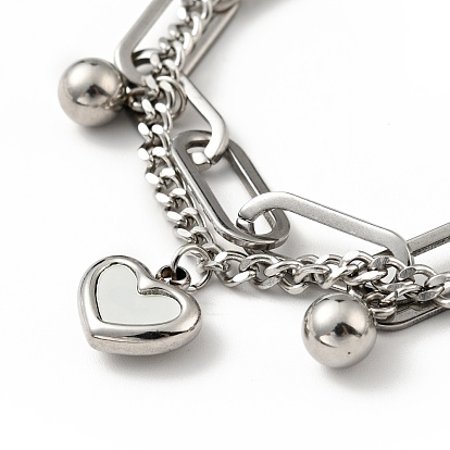 Shell Heart and Round Ball Charm Multi-strand Bracelet, 304 Stainless Steel Double Layered Chains Bracelet for Women