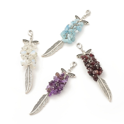 Gemstone Chips Cluster Pendant Decorations, Feather Lobster Clasp Charms, for Keychain, Purse, Backpack Ornament