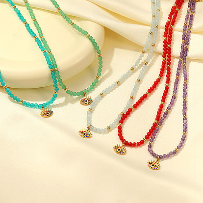 Natural Gemstone Beaded Necklaces, with Golden Plated Metal Eye Charms