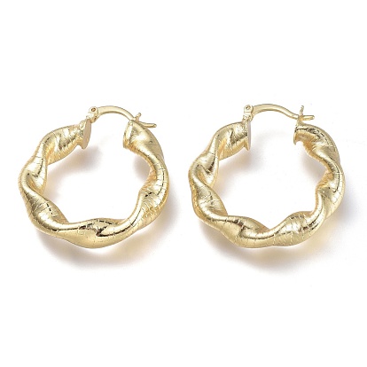 Brass Hoop Earrings, with 304 Stainless Steel Pins, Twisted Ring Shape