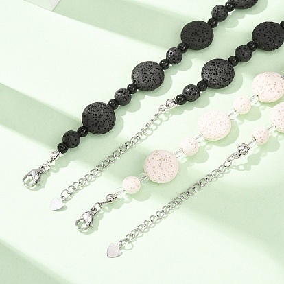 Natural Lava Rock Coin Beaded Necklaces, with Glass Beads and 304 Stainless Steel End Chains, Stainless Steel Color