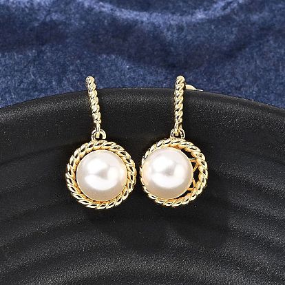 Круглые латунные серьги-гвоздики с микропаве из прозрачных кубических цирконий, с пластиковой имитационной жемчужиной, стойки покрытие, без кадмия и без свинца