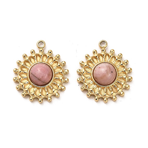 304 Stainless Steel Pave Natural Rhodonite Pendants, Sun Charms, Real 14K Gold Plated
