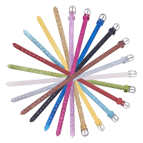 PU Leather Watch Bands, with Glitter Powder and Alloy Clasps, Platinum