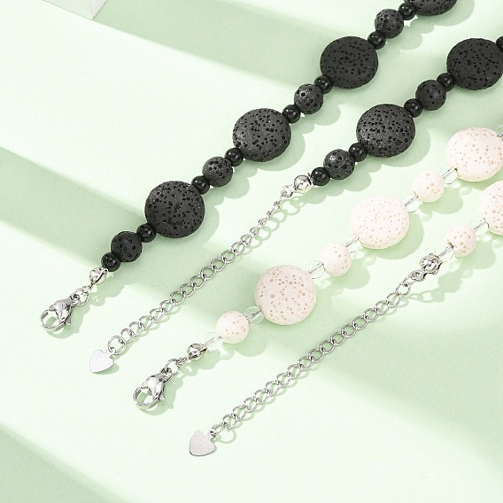 Natural Lava Rock Coin Beaded Necklaces, with Glass Beads and 304 Stainless Steel End Chains, Stainless Steel Color