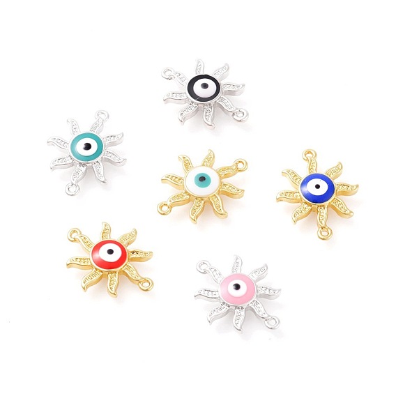Brass Enamel Links Connectors, Sun with Evil Eye