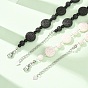 Natural Lava Rock Coin Beaded Necklaces, with Glass Beads and 304 Stainless Steel End Chains, Stainless Steel Color