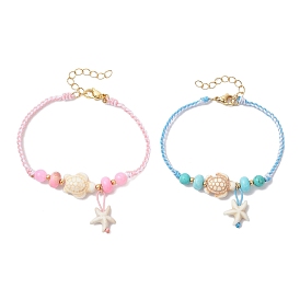 Браслеты с подвесками из синтетических бусин бирюзы, окрашенных в виде морских звезд и черепах, Регулируемые плетеные браслеты из бусин из окрашенной синтетической императорской яшмы и натурального желтого нефрита для женщин