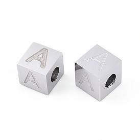 304 Stainless Steel Beads, Cube with Letter, Stainless Steel Color