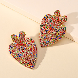Sparkling Double Heart Metal Earrings with Full Diamonds - Elegant, Romantic and Retro Jewelry for Weddings and Parties